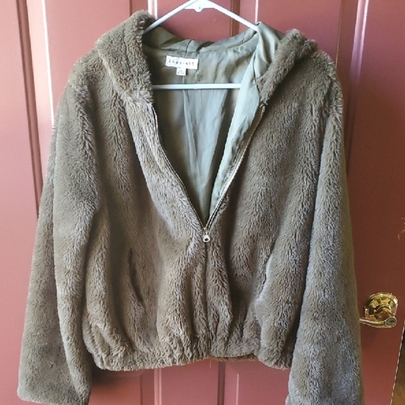 36 Point 5 Olive Green Teddy Jacket Plush Hooded Warmth - Picture 1 of 10